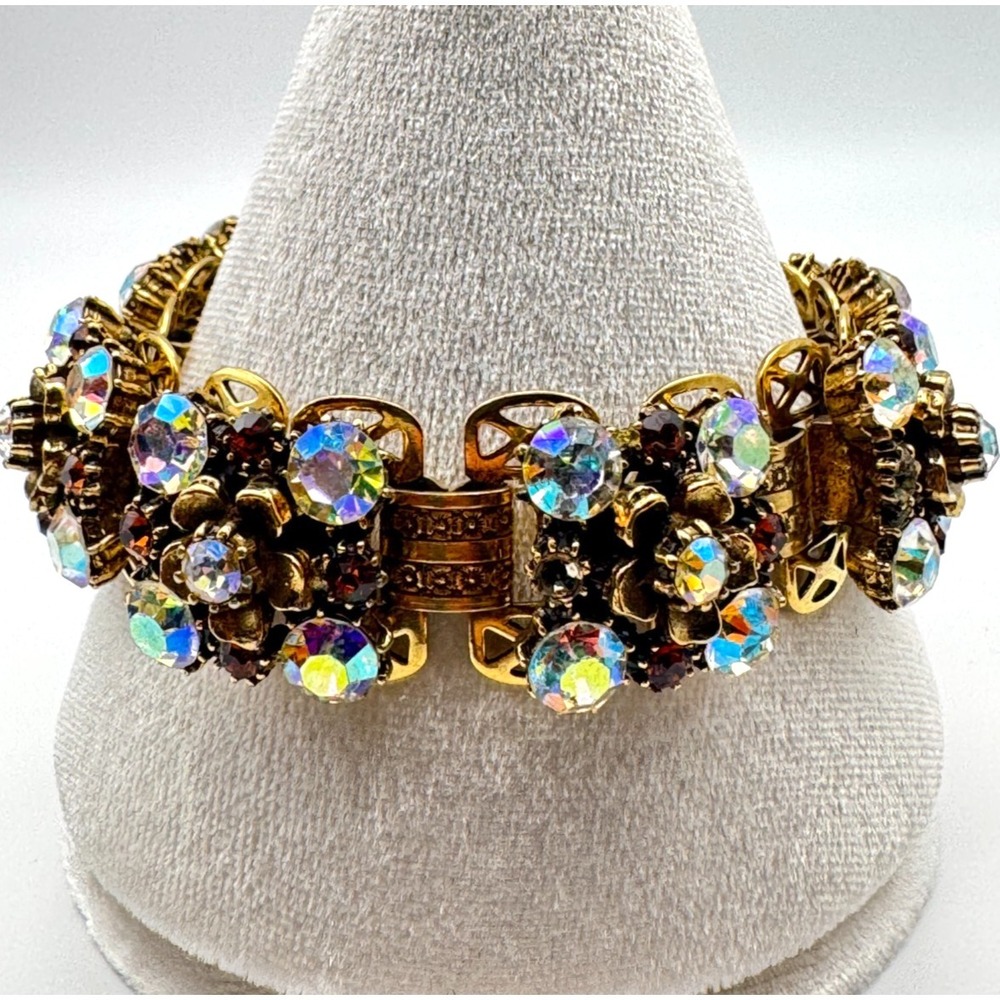 Vintage Florenza Bracelet Aurora Borealis Rhinestone Flower Link  Safety 7"